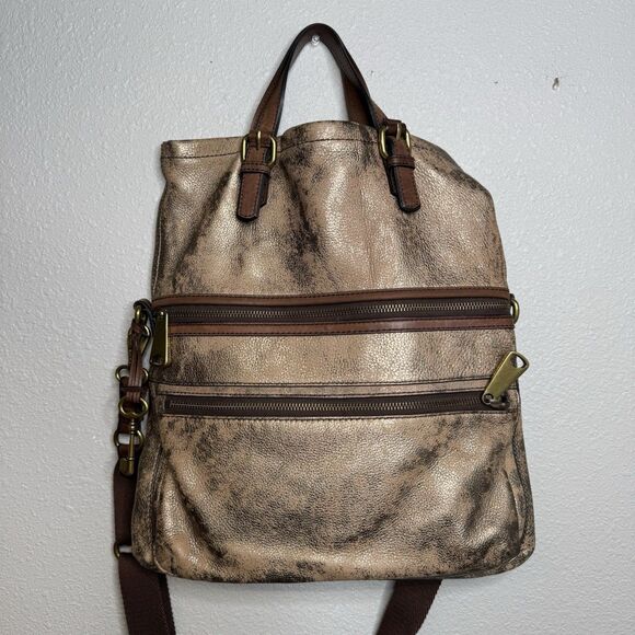 Fossil Explorer Leather Tote Pewter Foldover Messenger Bag Distressed Gold - Picture 1 of 7